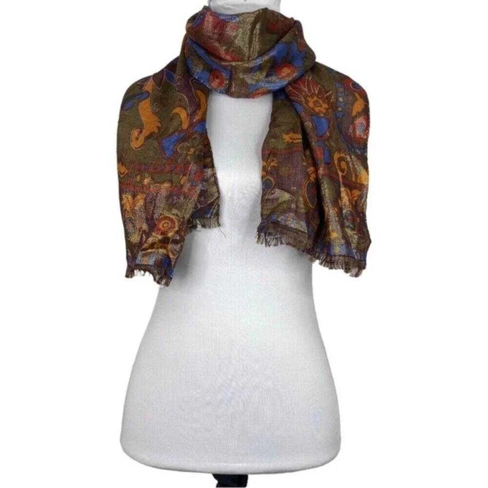 Bally‎ Vintage Gold Metallic Artisan Print Scarf Wool Silk Made in Italy 26x60